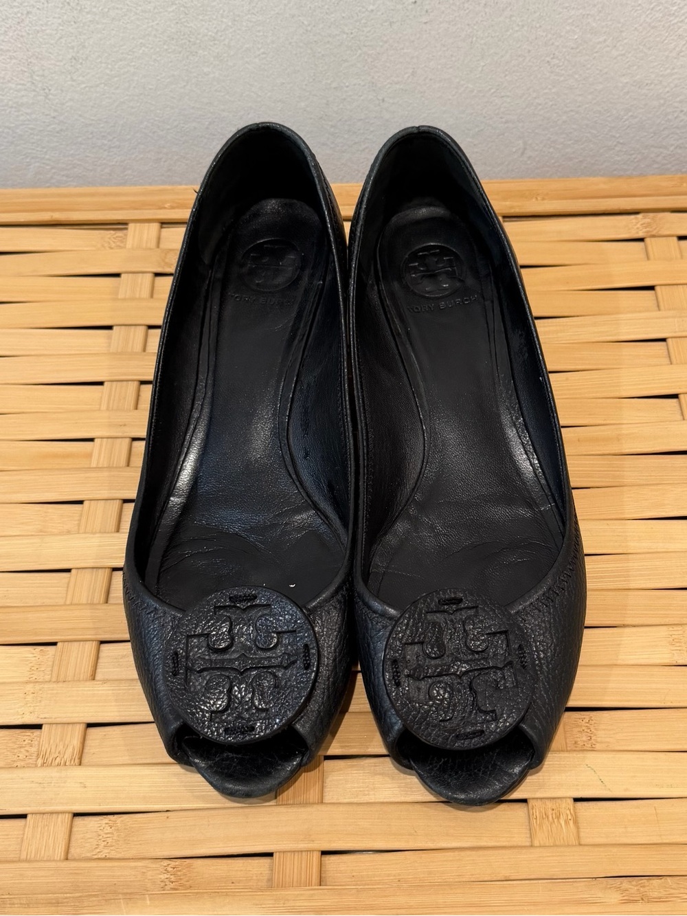 Tory Burch Black Leather Peep-Toe Logo Flats